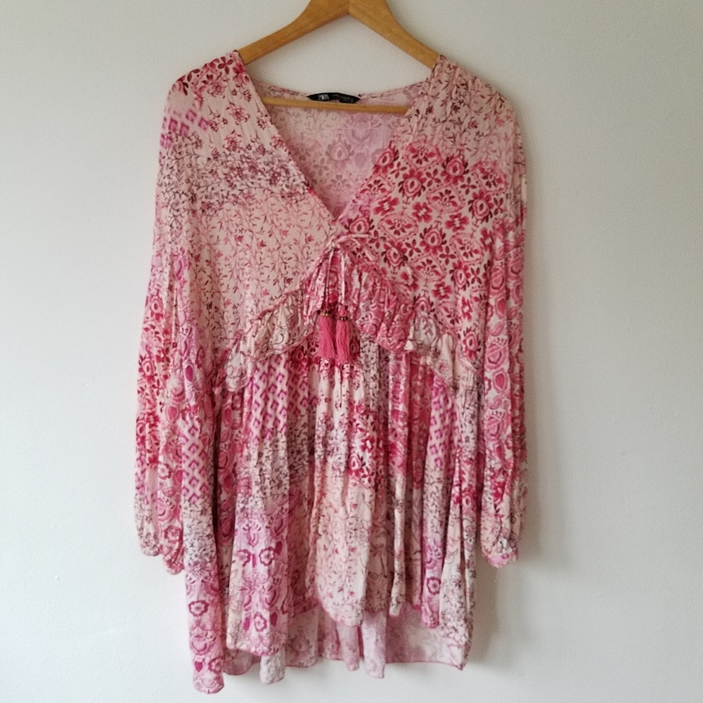 Zara Pink Floral V- Neck Tassel Boho Oversize Tunic Mini Dress Size Medium - Picture 3 of 13